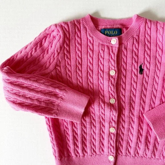 Polo Ralph Lauren Cable Knit Cotton Button Cardigan Pink Girls 3T - Picture 2 of 7